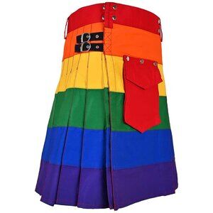 Hybrid Utility Rainbow Kilt with Removable Cargo Pocket Men Cotton Scottish Kilt